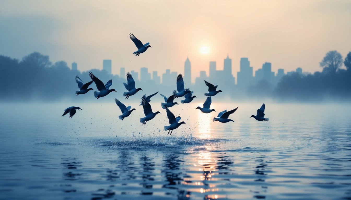 A flock of birds lifting off together from a misty lake at dawn, a city skyline faint on the horizon.