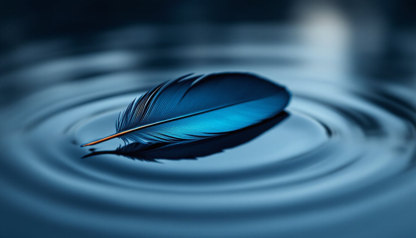 A single dark feather resting on still water with fine ripples spreading from its tip.