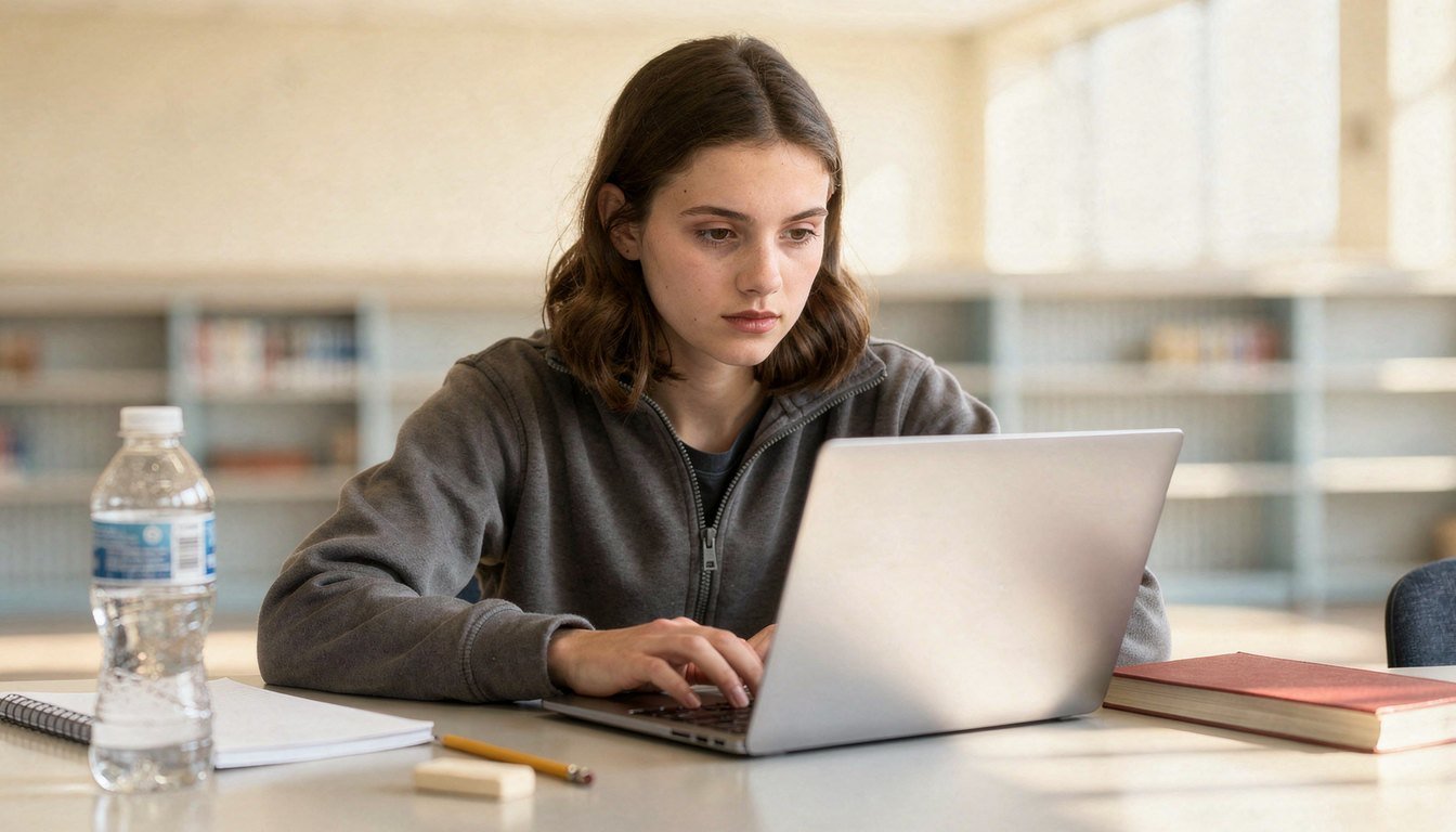 A high school student studies at a laptop at a library table in bright morning light.