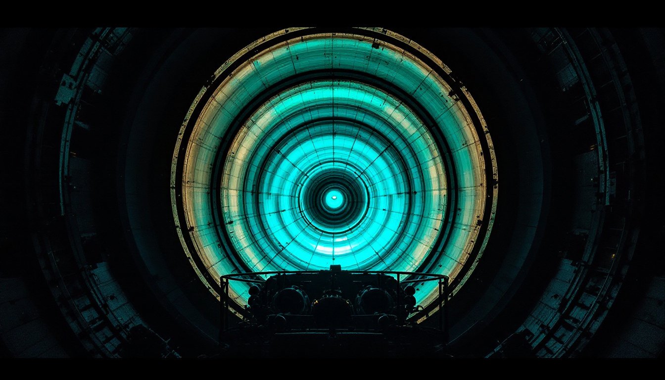 The concentric glass prisms of a lighthouse fresnel lens glowing teal.