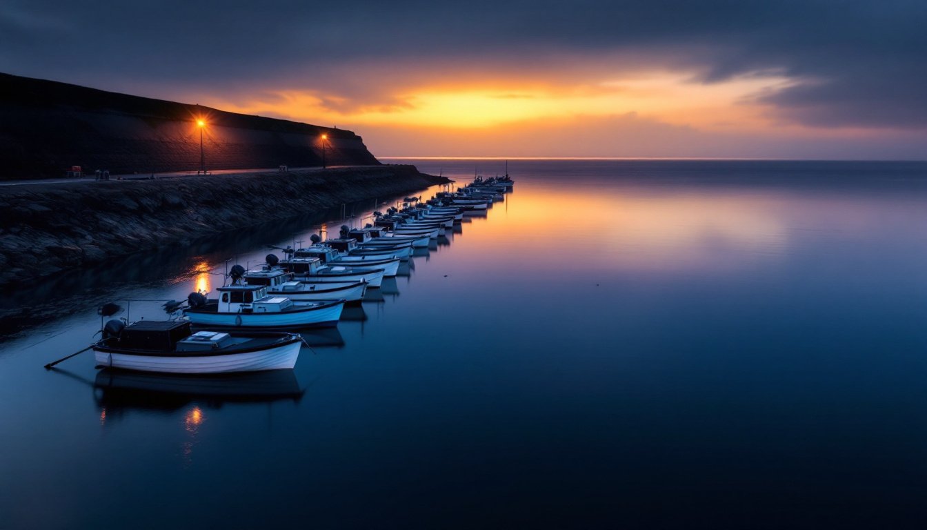 Rows of identical small workboats moored in a harbor at first light.