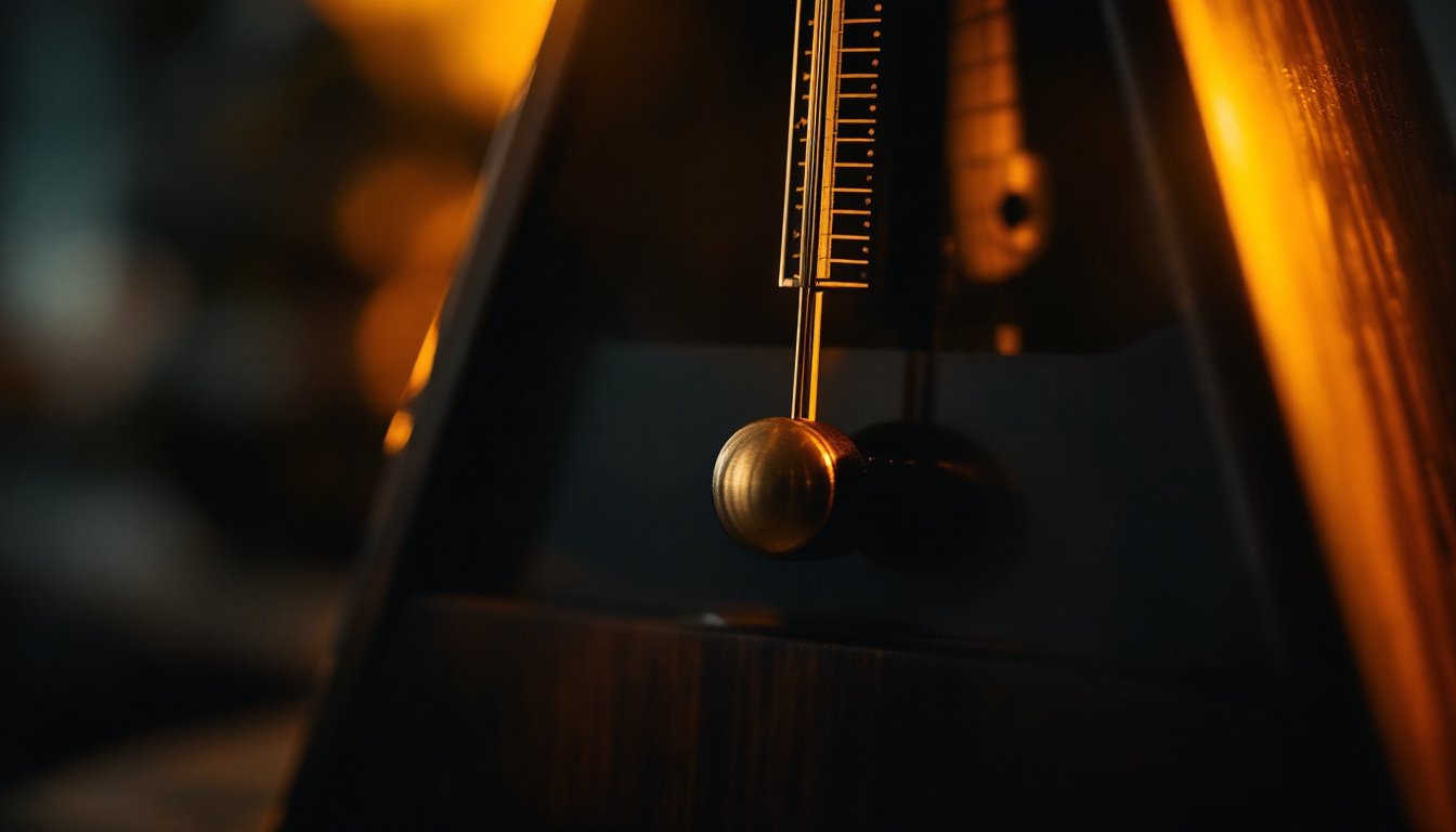A metronome pendulum frozen mid-swing with a trail of motion blur in amber light.
