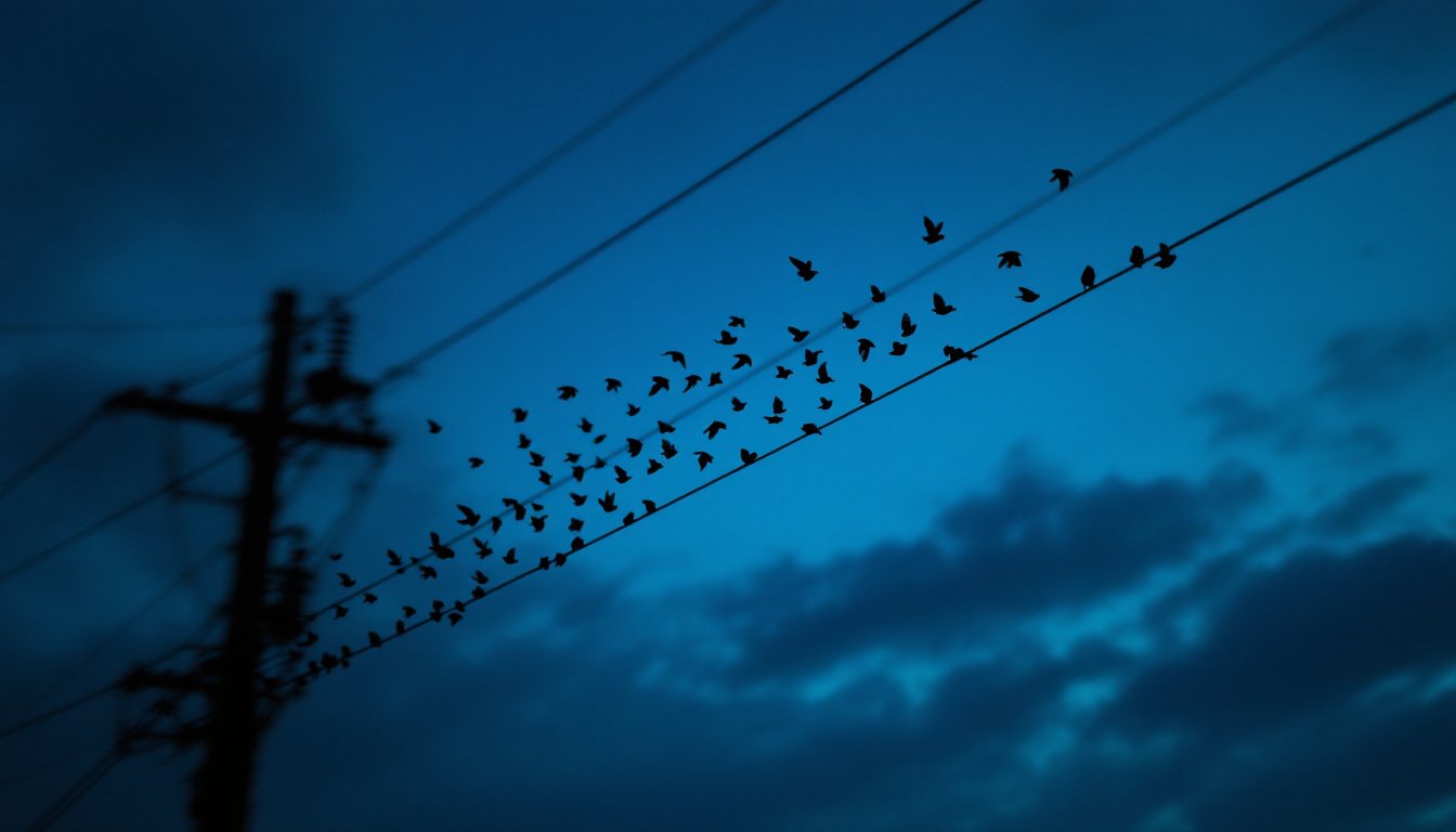 A flock of small birds bursting off a sagging power line at dusk.