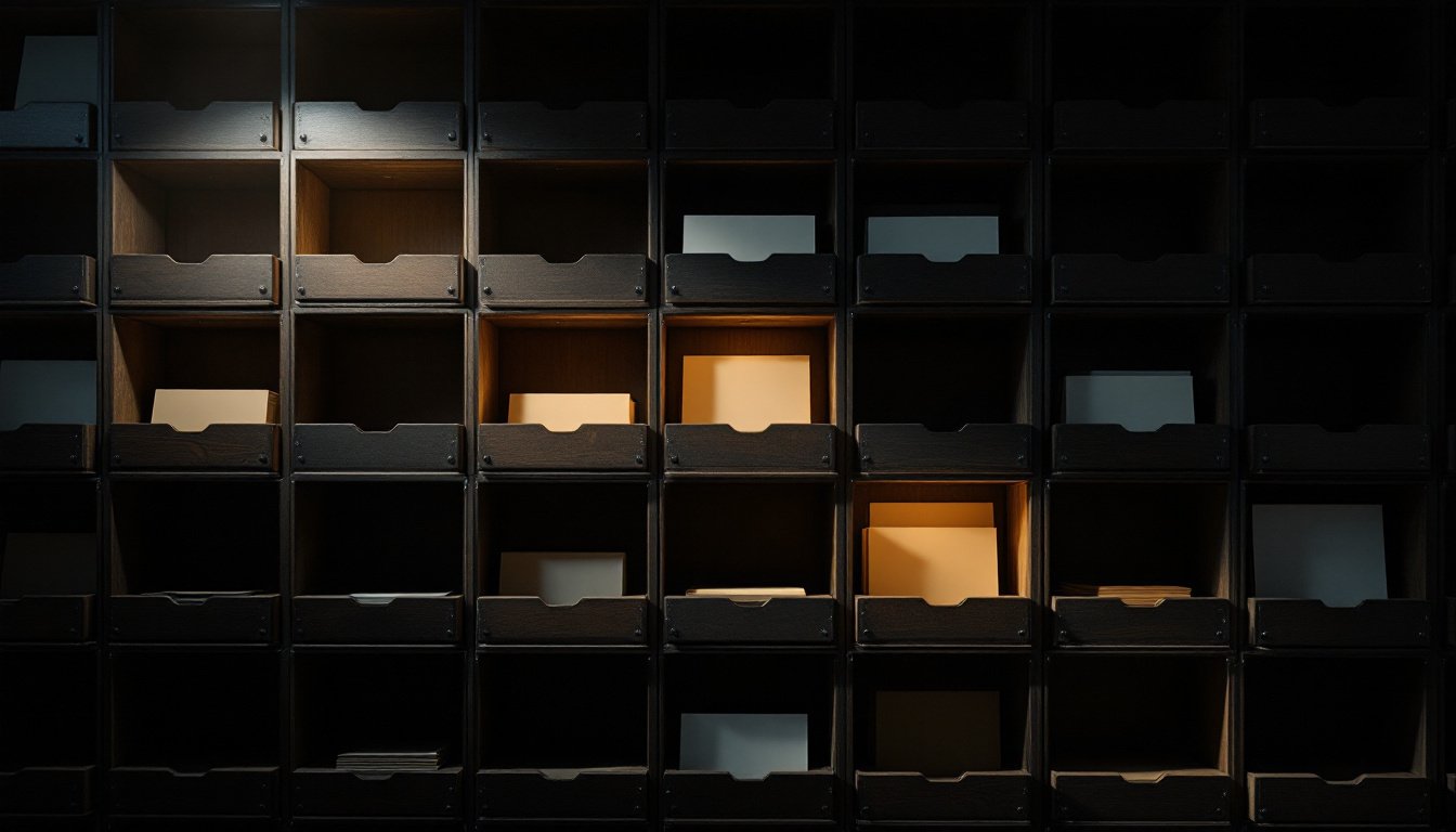 A wall of wooden pigeonhole trays with a few stacks of blank amber slips.