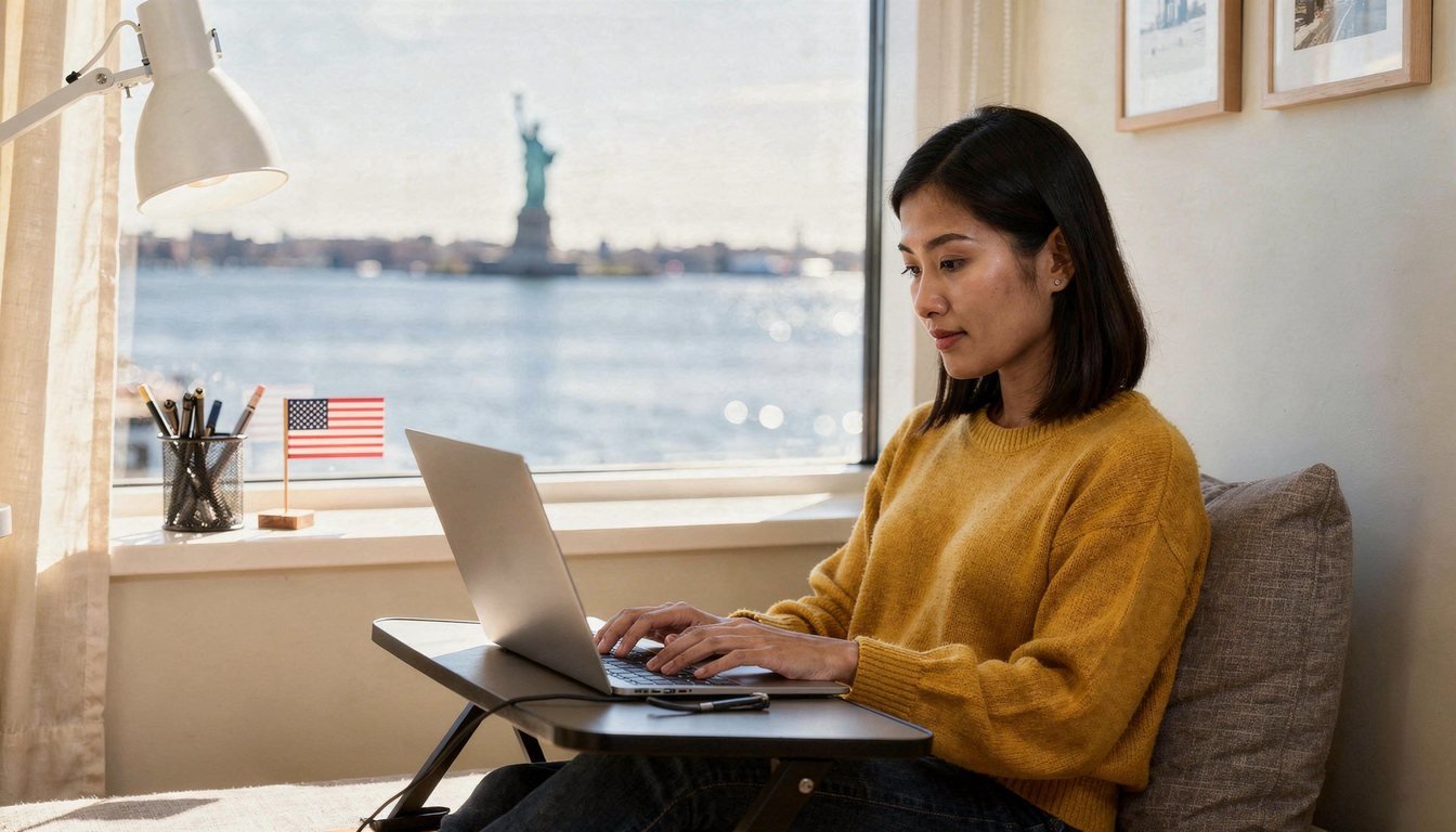 A woman studies at a laptop beside a window, with a small American flag on her desk and the Statue of Liberty across the water.