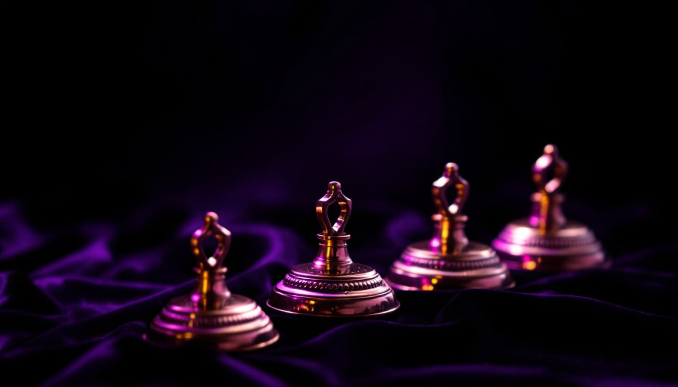 Five brass hand bells of descending size on dark velvet in purple light.