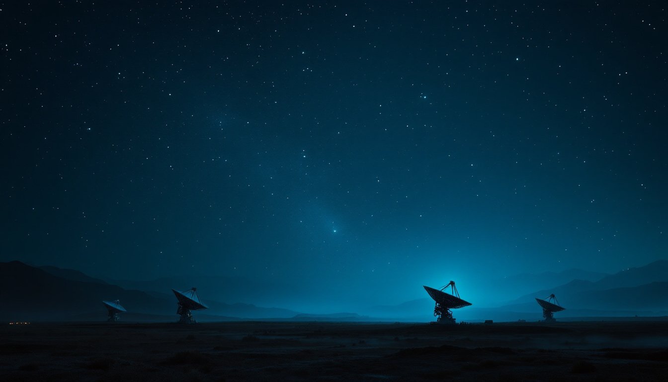Three radio telescope dishes aimed at the same point in a starry sky.