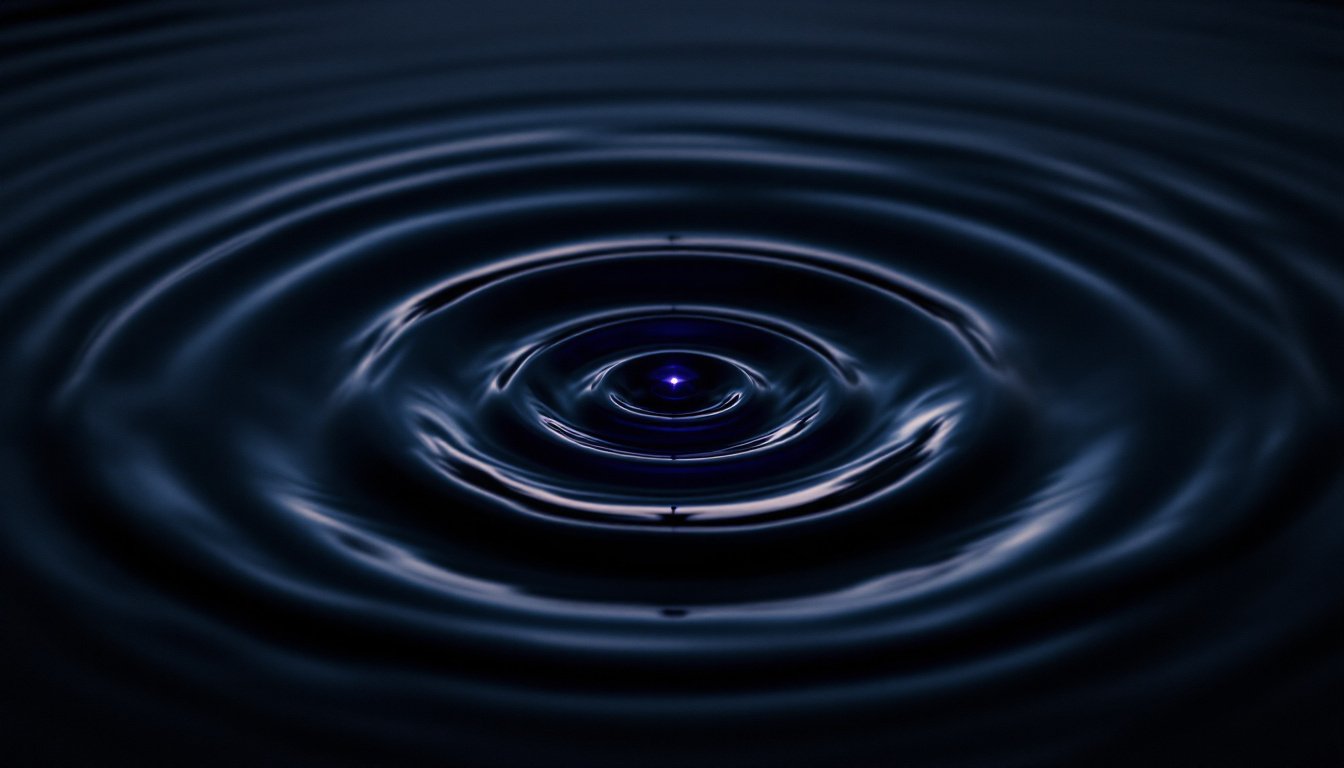 Three concentric ripple rings expanding across still dark water in violet light.