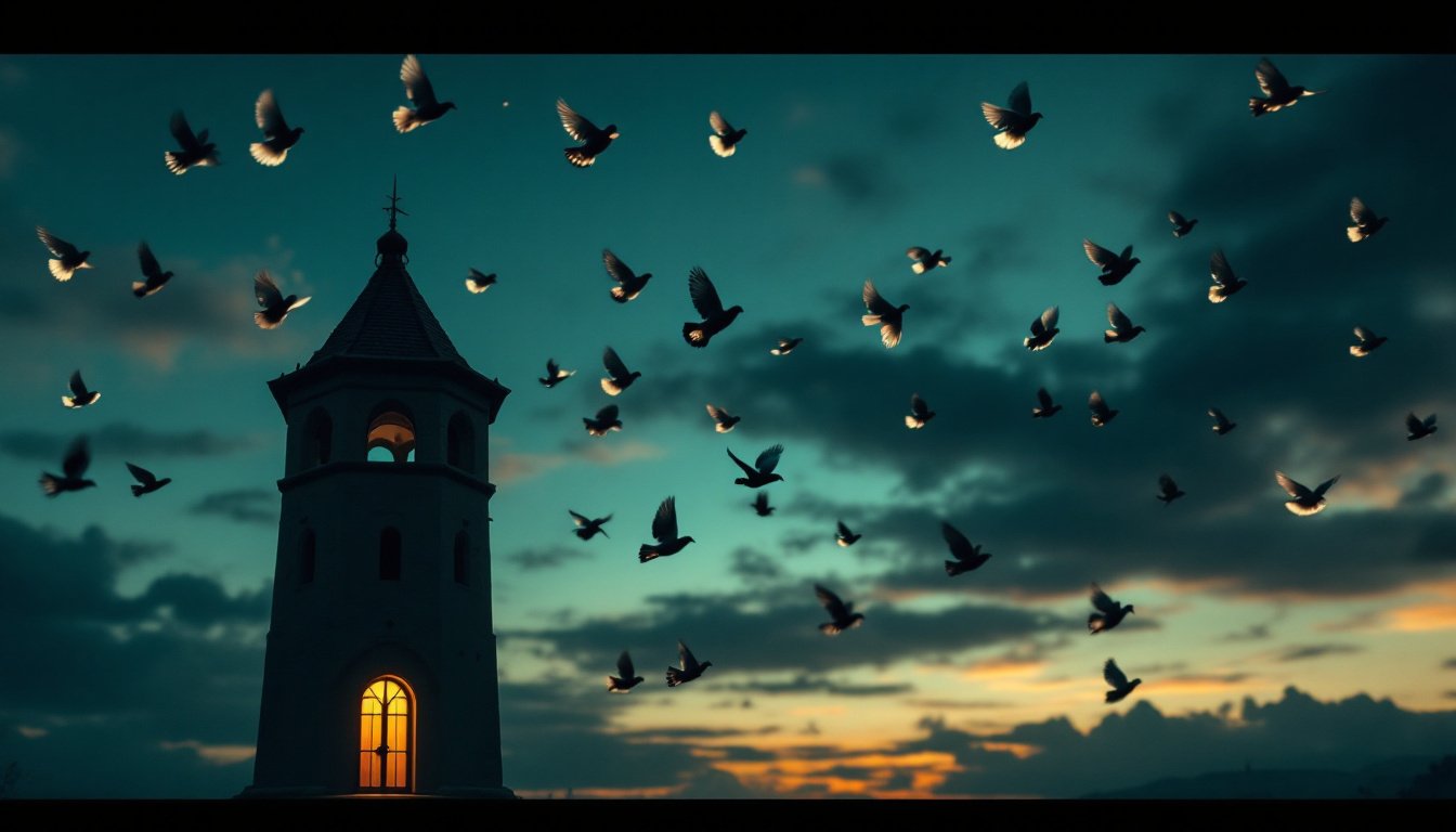 A stream of doves converging through a dusk sky toward a glowing dovecote.