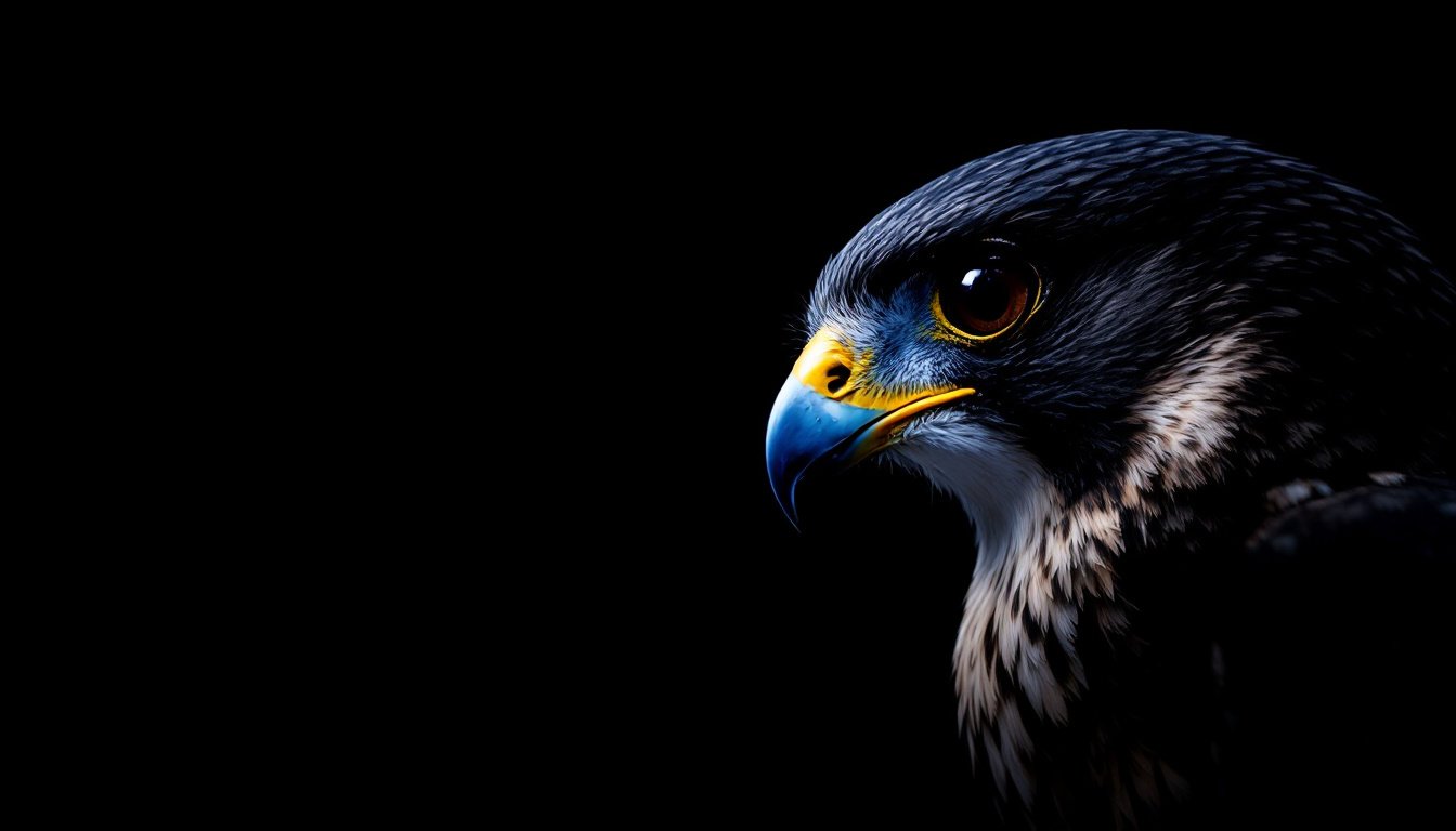 A peregrine falcon in profile against a dark background, its eye catching a point of cold light.