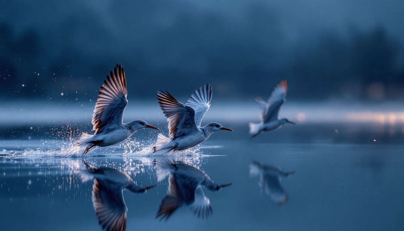 Three birds flying in close formation low over still water at dawn.