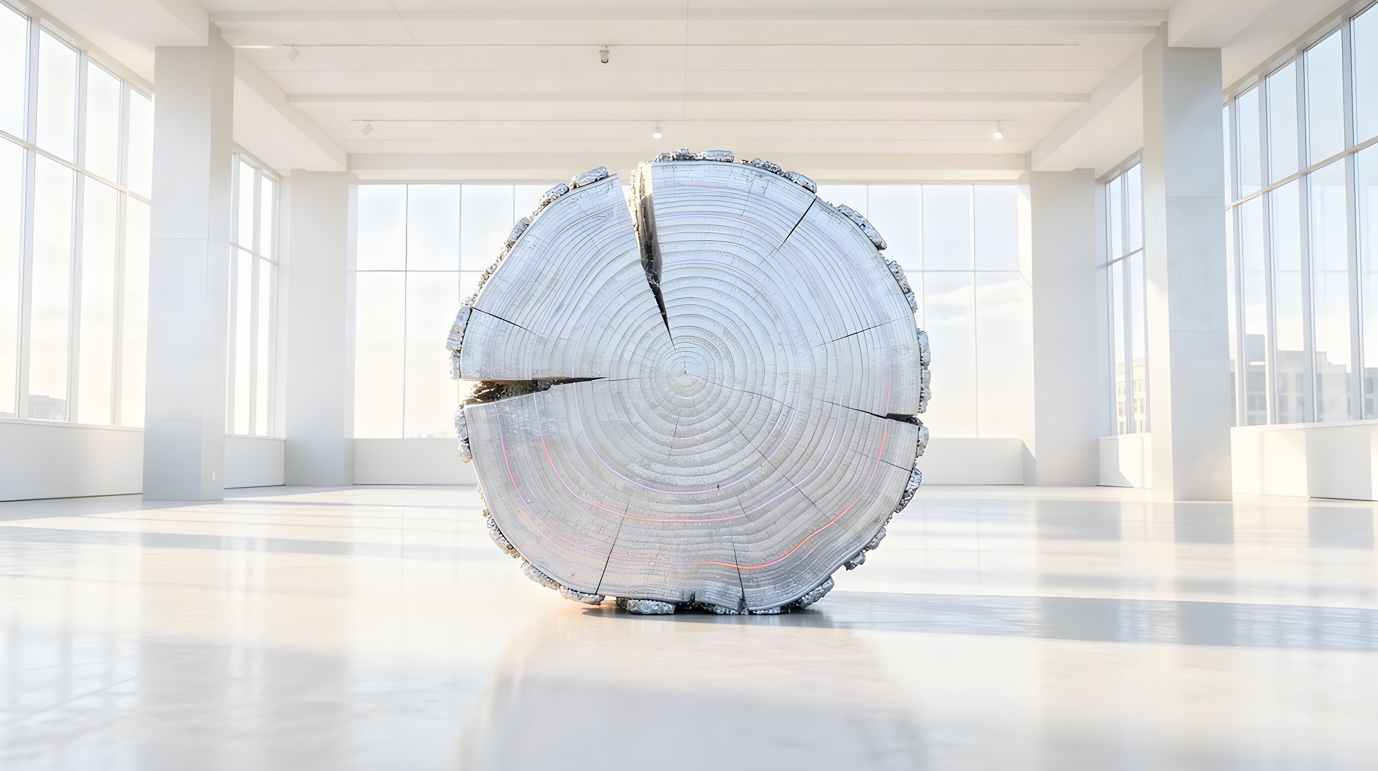 Illustration: a huge cross-section of an ancient tree trunk standing in a dark hall, its growth rings lit.