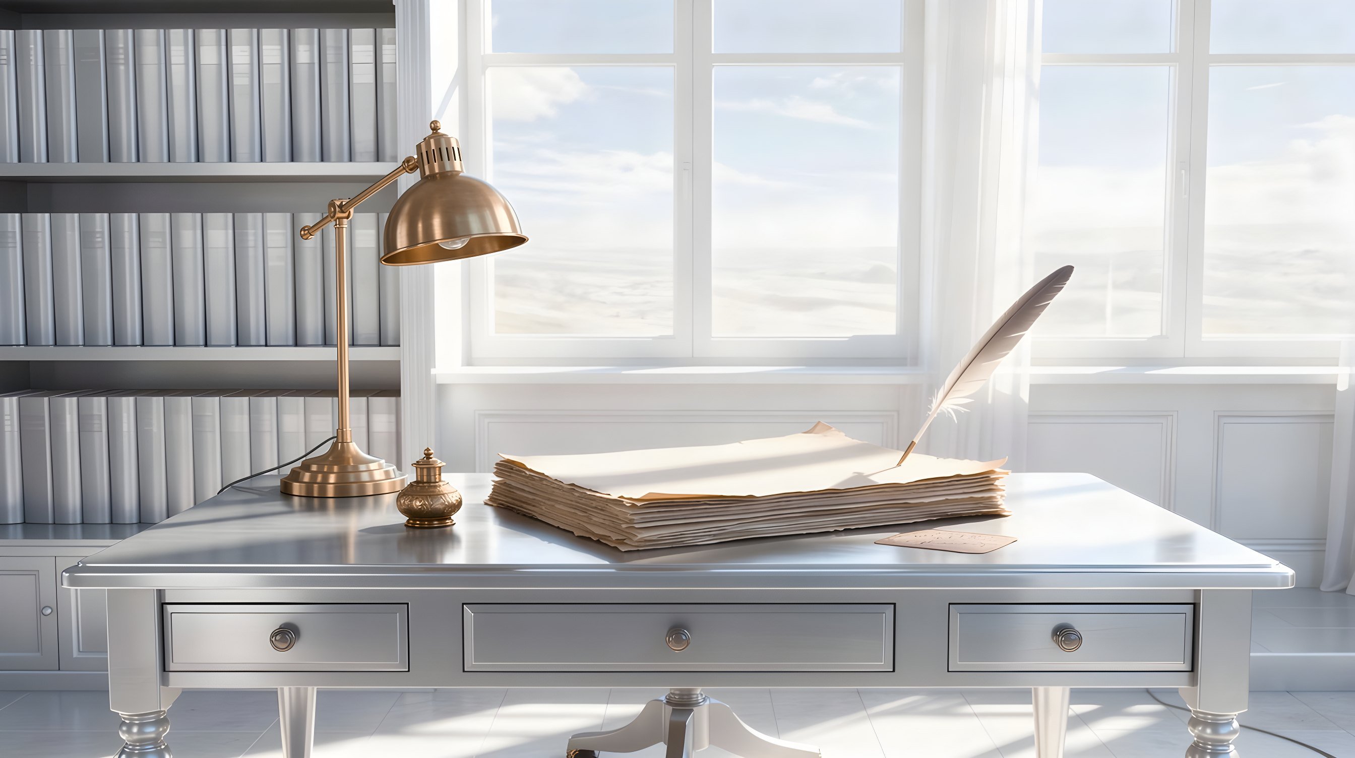 Illustration: a dim scriptorium with a stack of plain parchment sheets, a brass inkwell and quill, and one warm brass lamp.