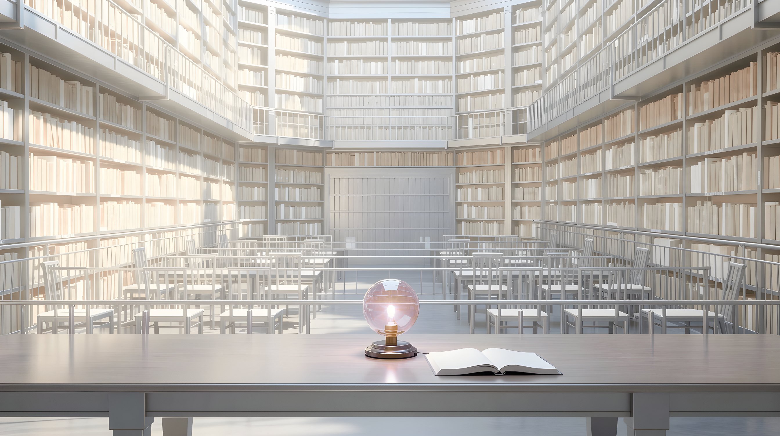 Illustration: a vast library reading hall with tiers of shelves, one glass globe lamp glowing violet beside an open book on a long reading table.