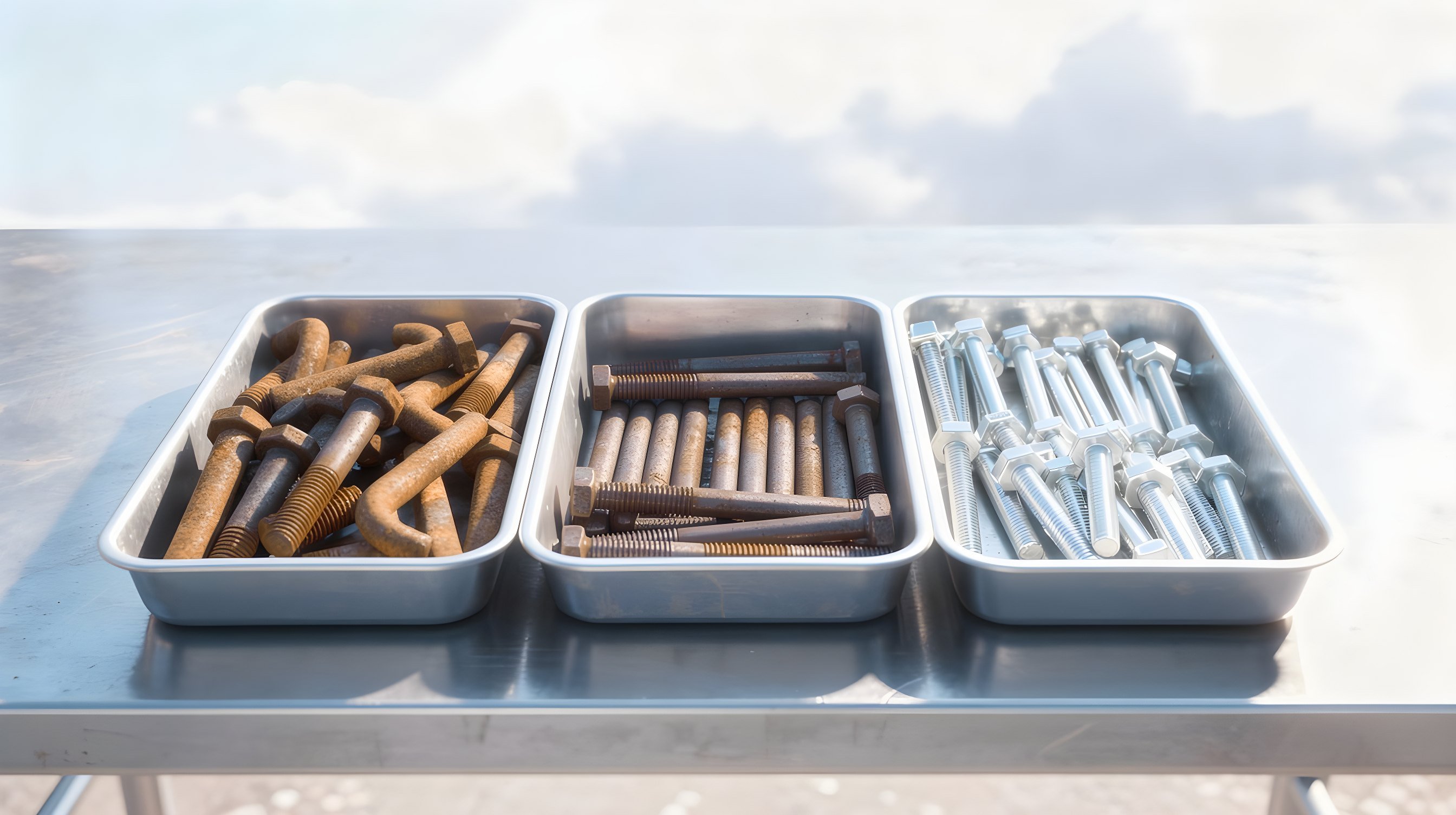 Illustration: three shallow metal trays on a steel workbench holding rusty bent bolts, straightened bolts, and shining new bolts, a lamp glowing over the last tray.