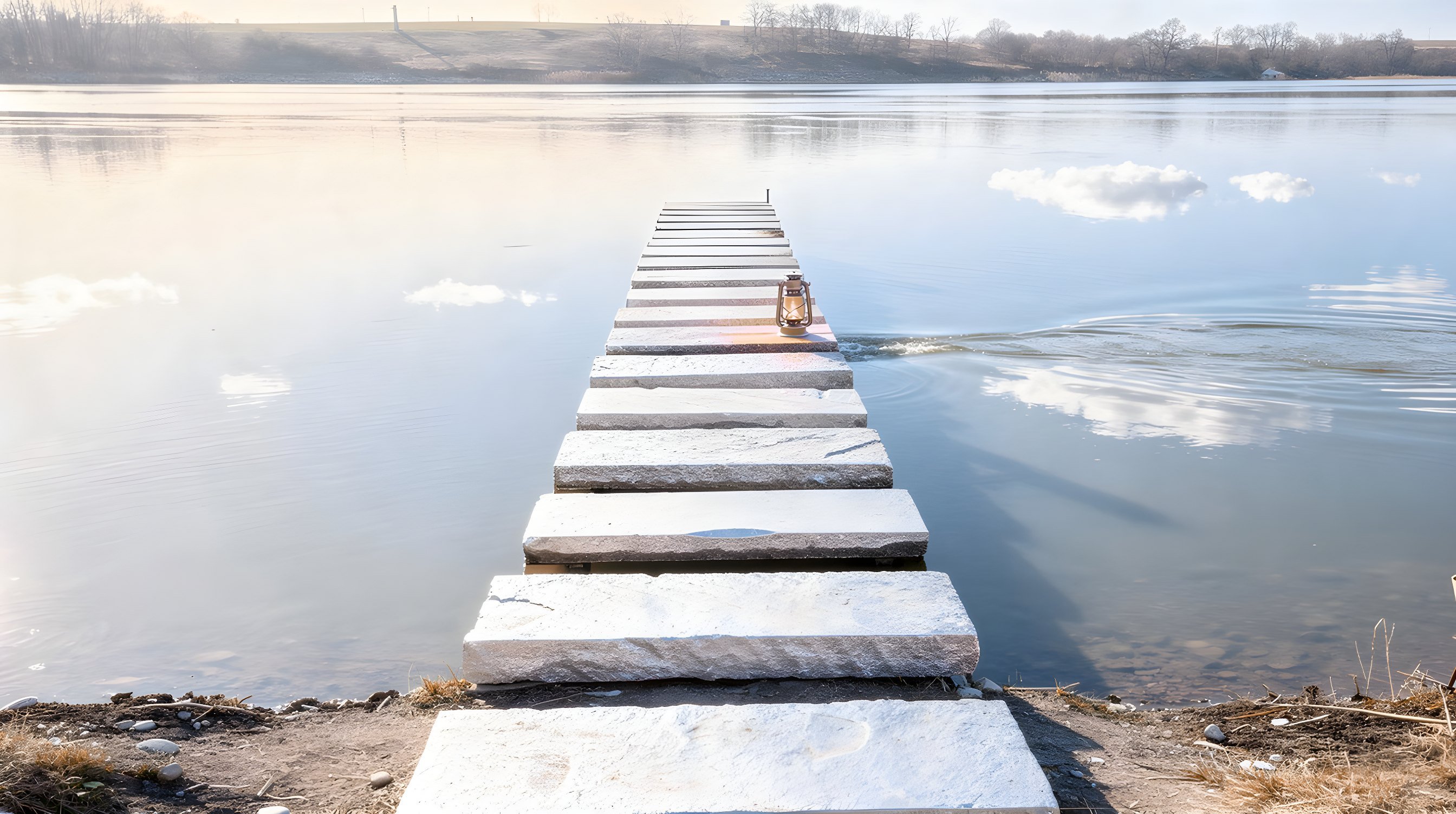 Illustration: a line of flat stone stepping stones crossing a still river toward the far bank, a small lantern glowing on the last stone.