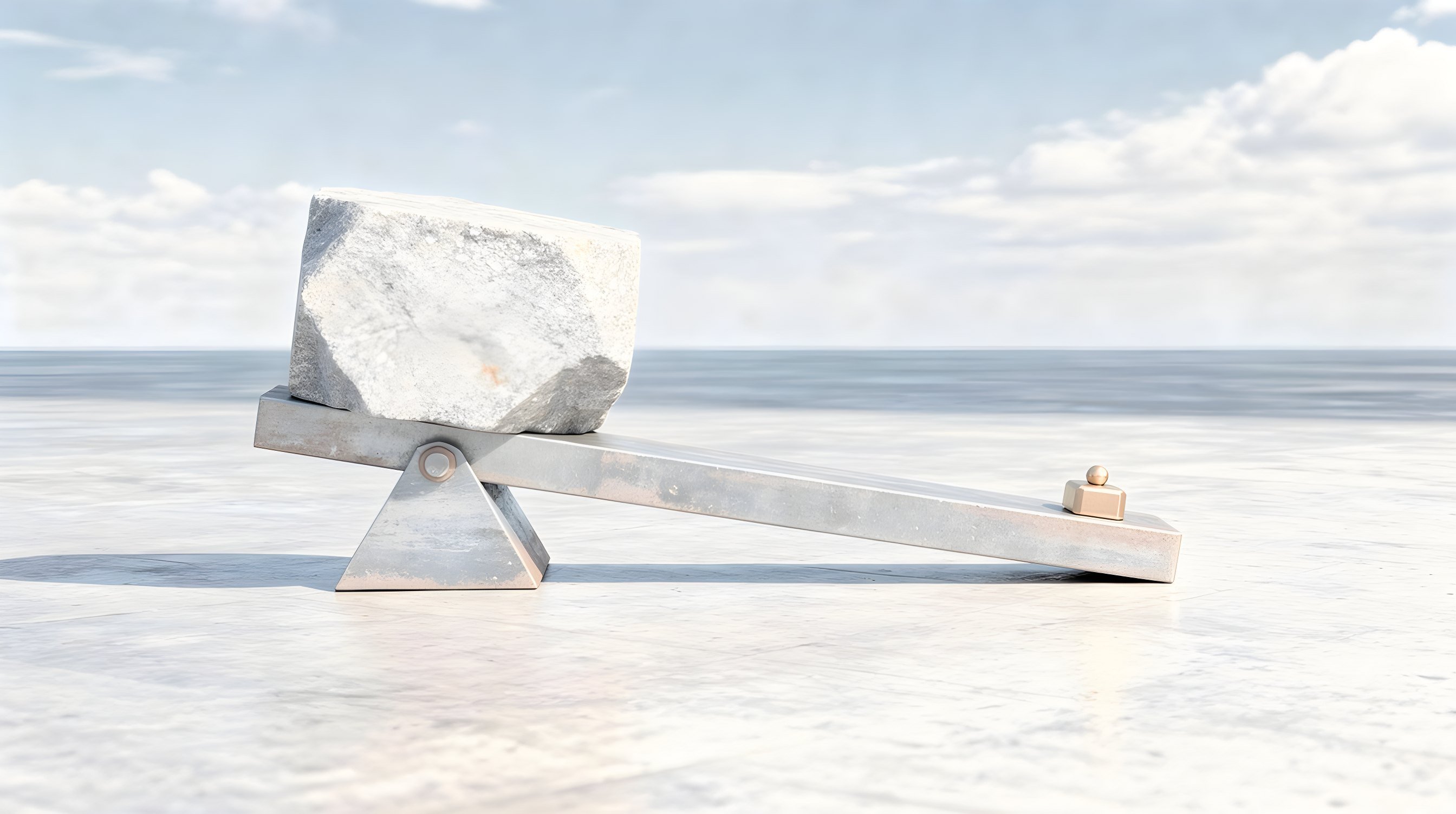 Illustration: a heavy granite block raised on the short end of a steel lever, lifted by a tiny brass weight pressing down the far end of the long arm.