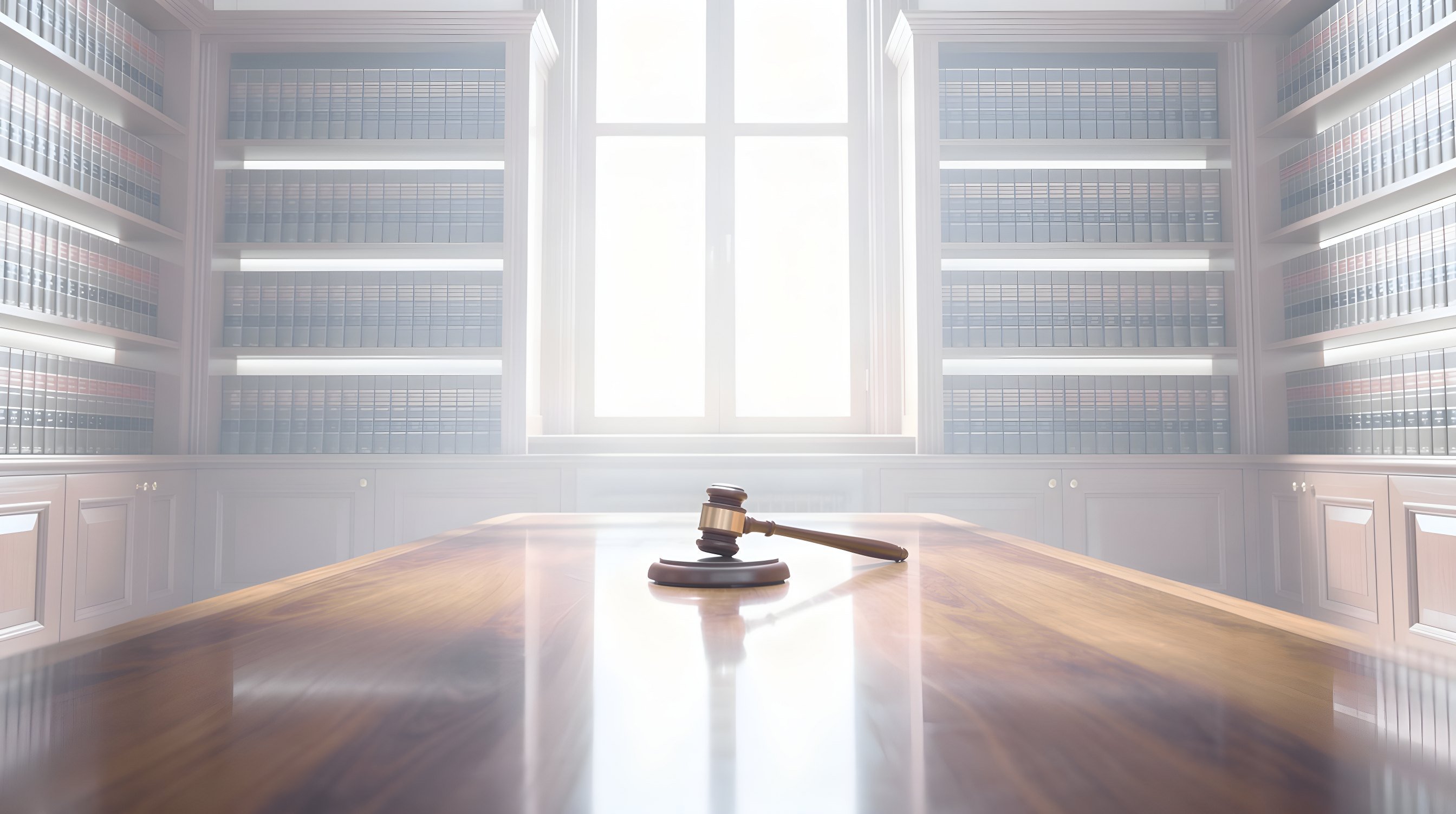 Illustration: an empty wood-paneled hearing room, a brass gavel resting on its block on a long walnut table, shelves of matching ledgers behind it.