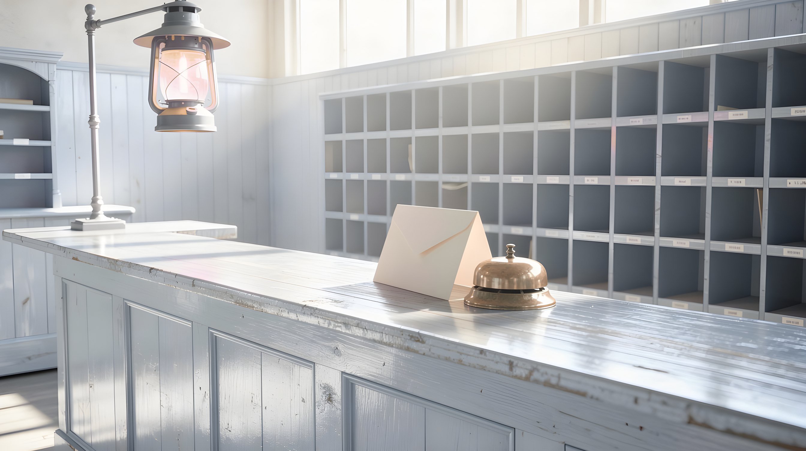 Illustration: an old post-office sorting hall, a single cream envelope standing beside a brass bell on a wooden counter under a magenta lantern.