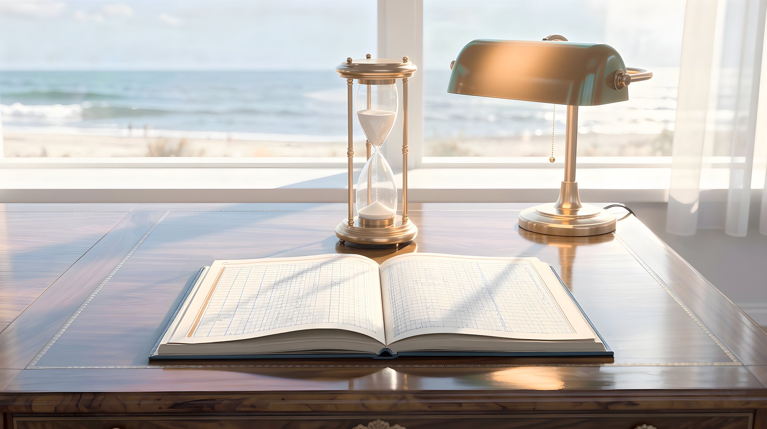 Illustration: a walnut ledger desk with a blank open ledger and a brass hourglass beside a banker lamp.
