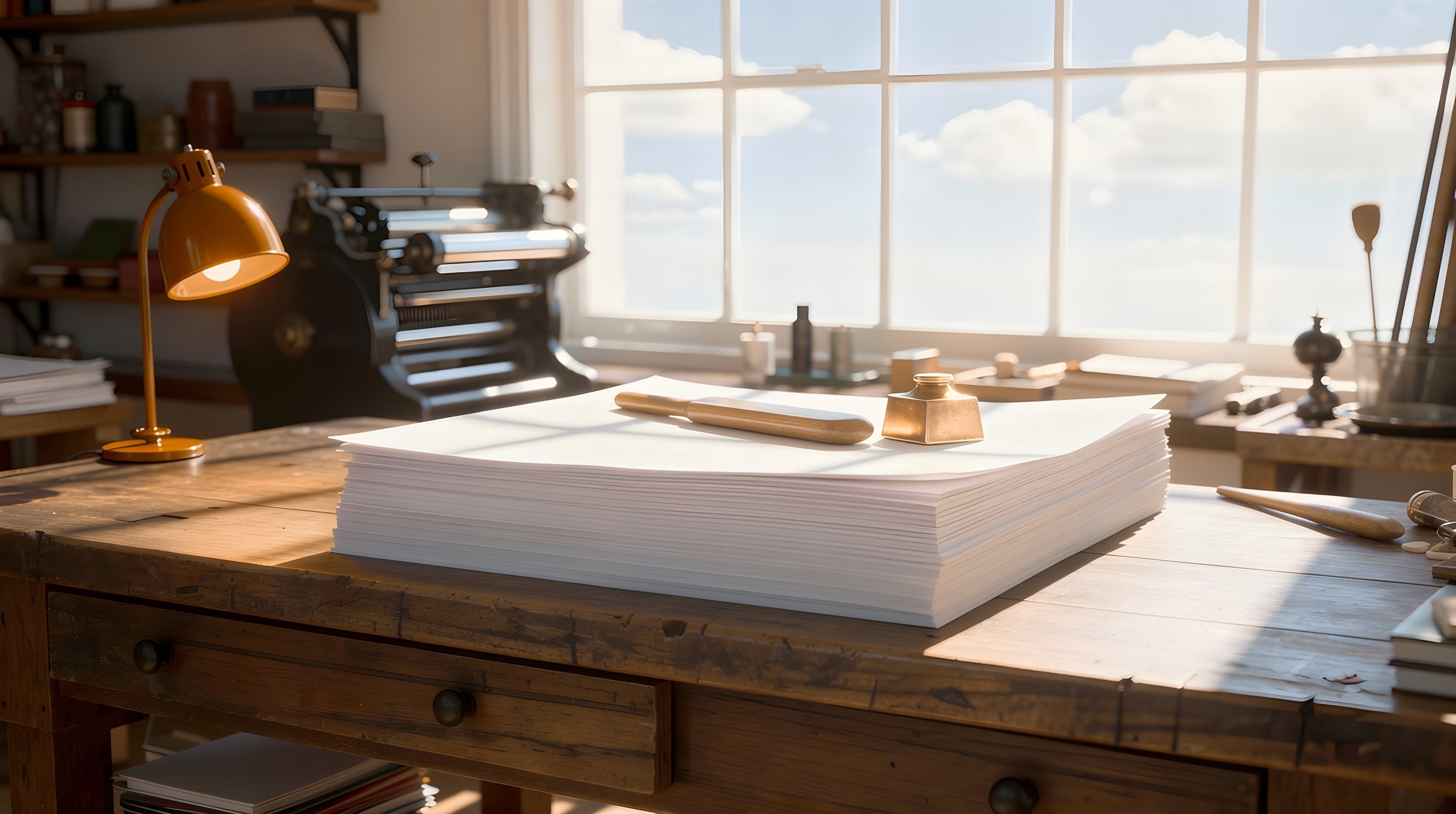 Illustration: a tall stack of plain blank paper on a scarred oak workbench in an old print shop, a wooden bone folder and a brass paperweight on top, a red desk lamp and a tall window behind.