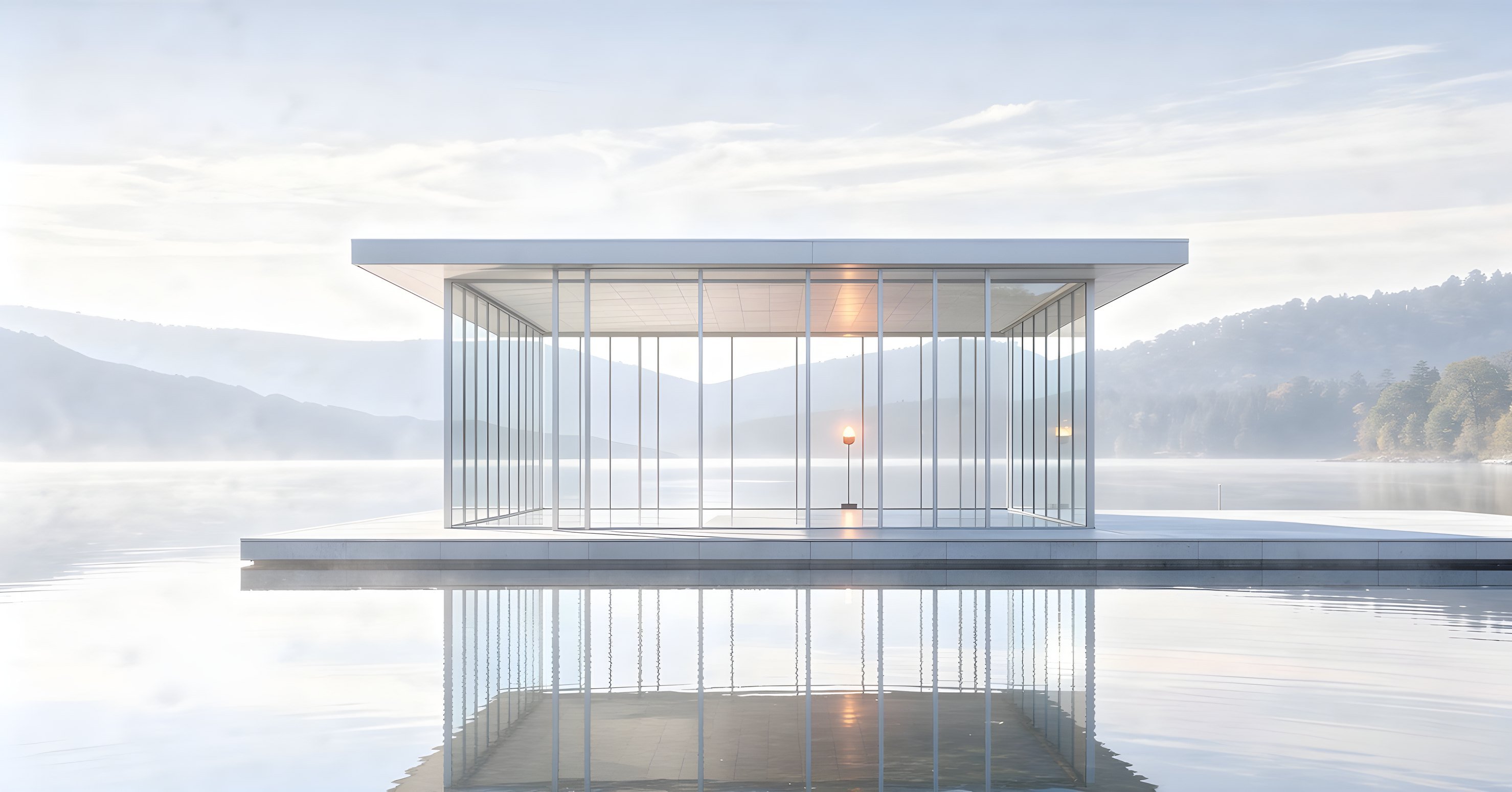 Illustration: a glass-and-steel pavilion on the edge of a still lake, its slender columns reflected in the water and one warm light glowing inside.