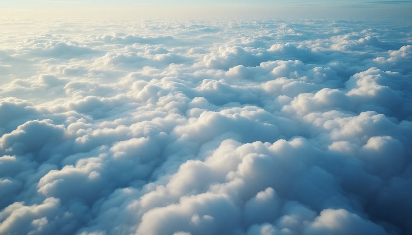 An endless sea of clouds seen from above at first light, pale gold on the crests.