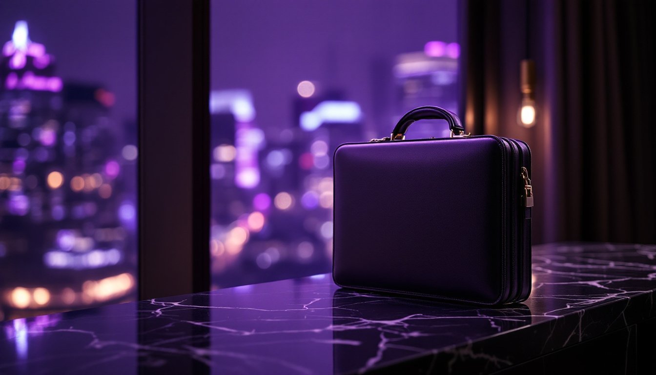 A slim leather briefcase on dark marble before a window of defocused purple city lights.
