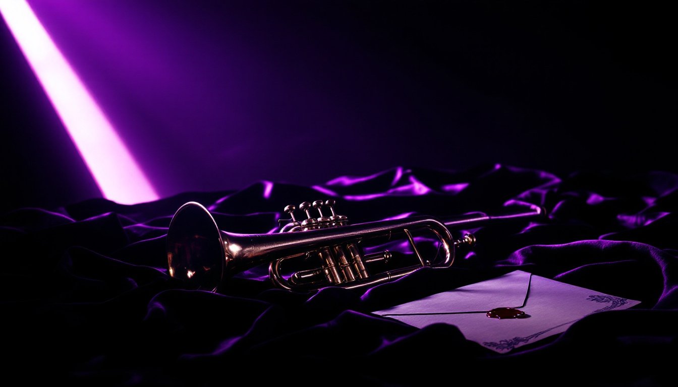 A brass herald's trumpet on dark velvet beside a wax-sealed letter, lit by a narrow purple light.