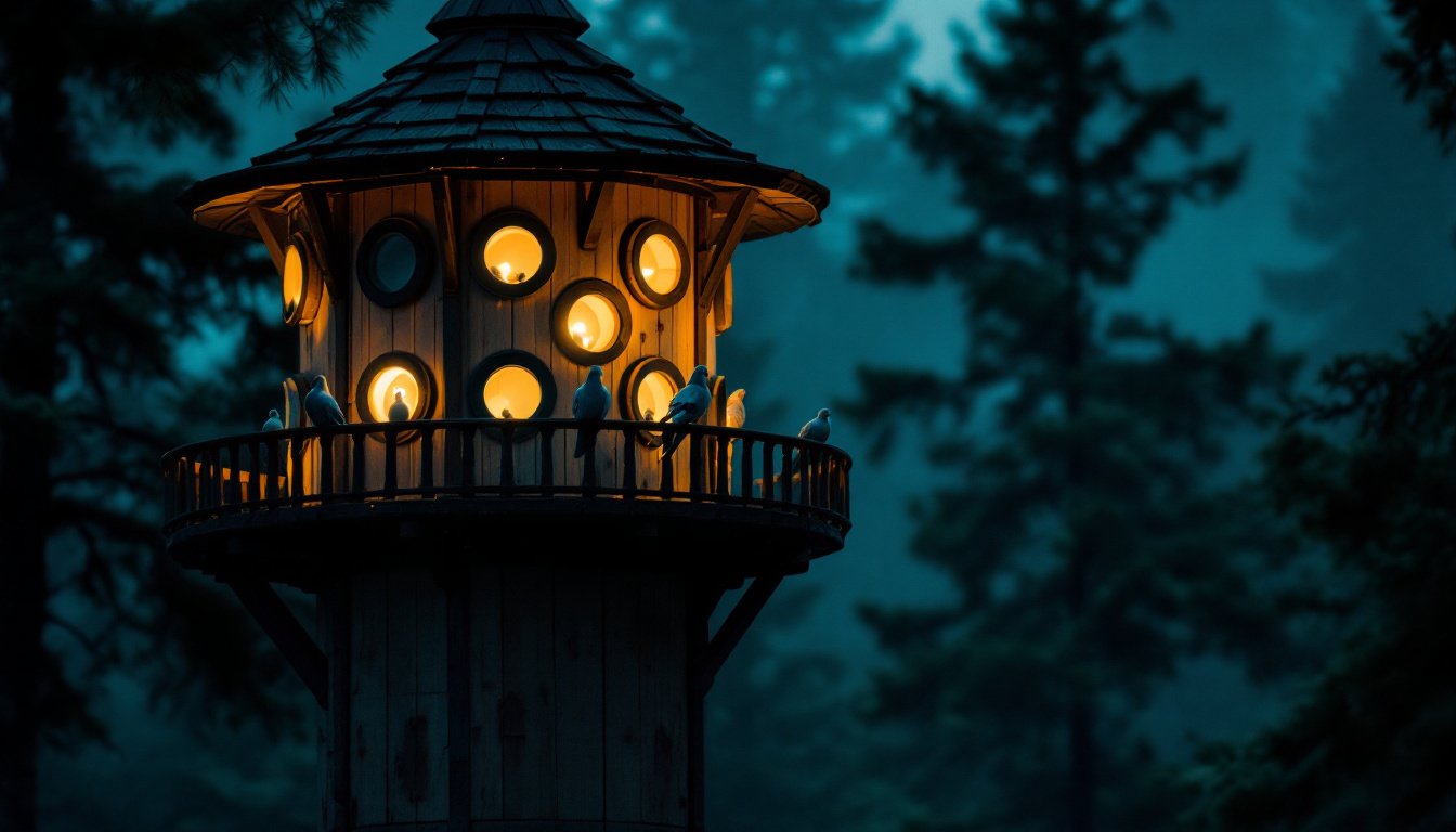A tall wooden dovecote at dusk, warm light glowing from its ring of round doors, doves settled on the rail.