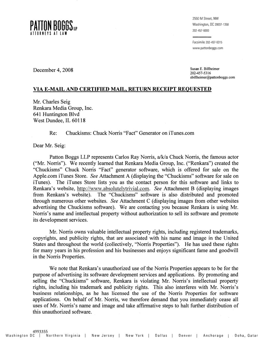 Chuck Norris cease-and-desist letter from Patton Boggs LLP